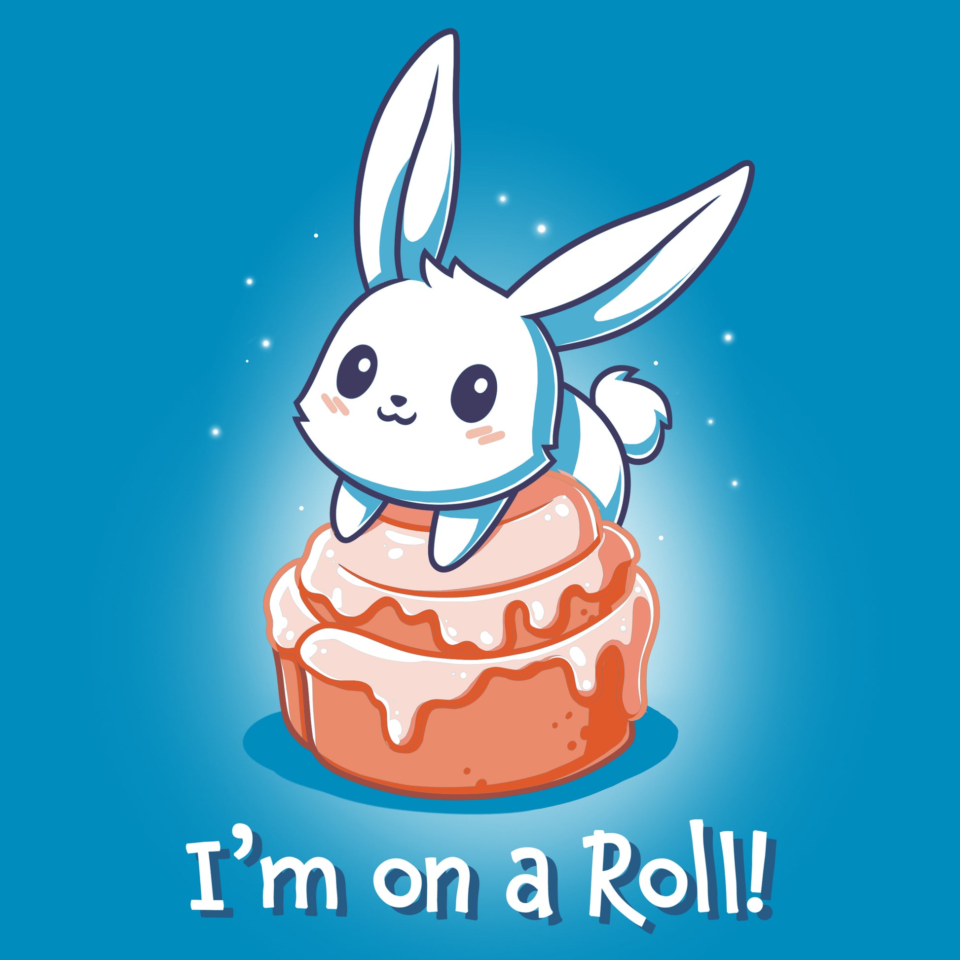 Premium Cotton T-shirt_TeeTurtle I'm On A Cinnamon Roll Cobalt Blue t-shirt featuring a cute cartoon bunny sitting on top of a glazed cinnamon roll with the text "I'm On a Roll!" written below.