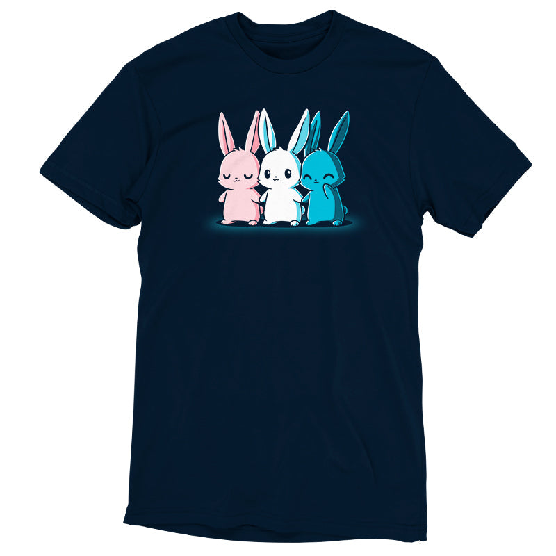 Premium Cotton T-shirt_TeeTurtle Inclusive Bunnies navy blue t-shirt featuring three cute bunnies in pride colors holding hands.