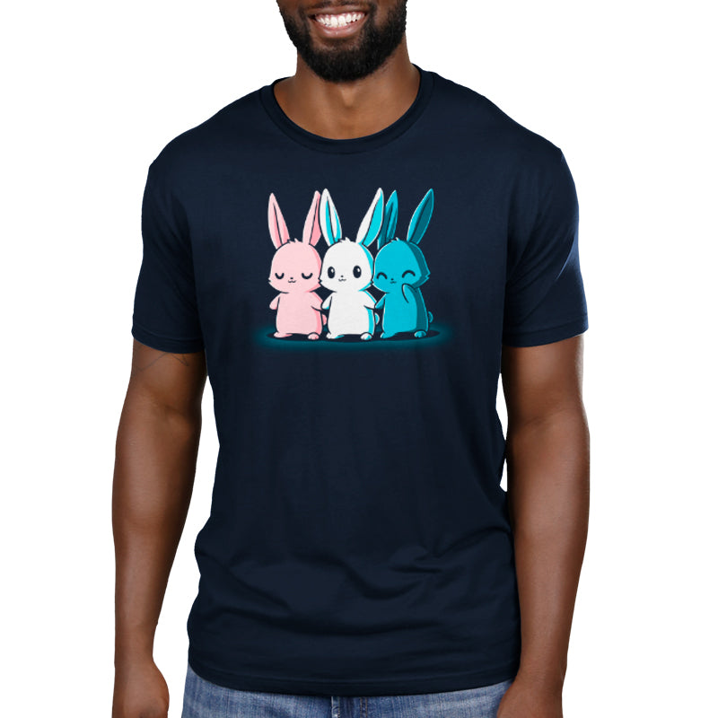 Premium Cotton T-shirt_TeeTurtle Inclusive Bunnies navy blue t-shirt featuring three cute bunnies in pride colors holding hands.