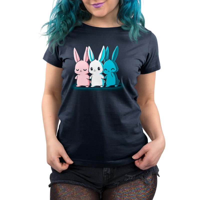 Premium Cotton T-shirt_TeeTurtle Inclusive Bunnies navy blue t-shirt featuring three cute bunnies in pride colors holding hands.