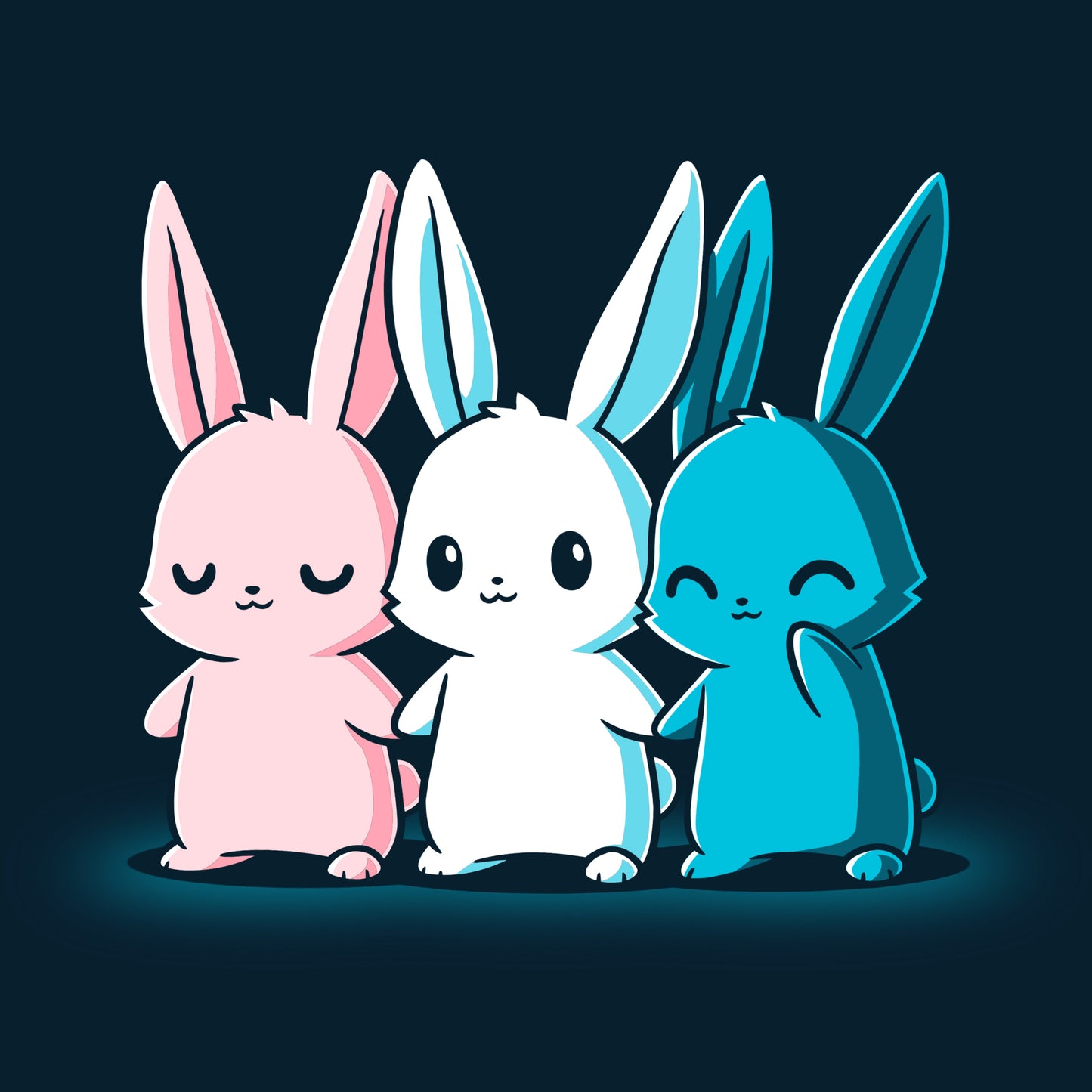 Premium Cotton T-shirt_TeeTurtle Inclusive Bunnies navy blue t-shirt featuring three cute bunnies in pride colors holding hands.