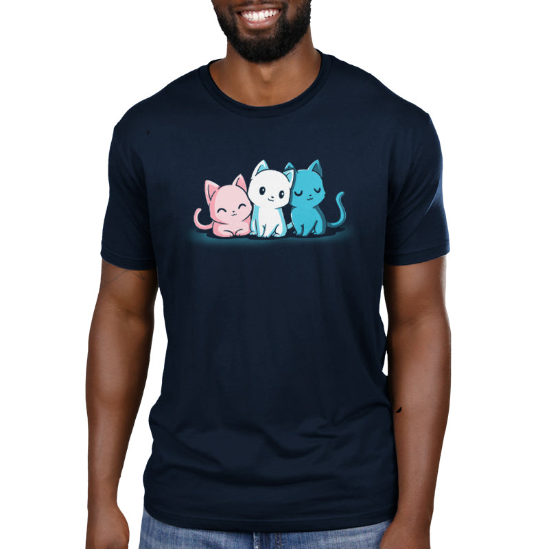 Premium Cotton T-shirt_Three cartoon cats sit side by side on a dark background. The pink, white, and blue Inclusive Kitties display different expressions. Featured on a monsterdigital apparel, this design is printed on super soft ringspun cotton for ultimate comfort.