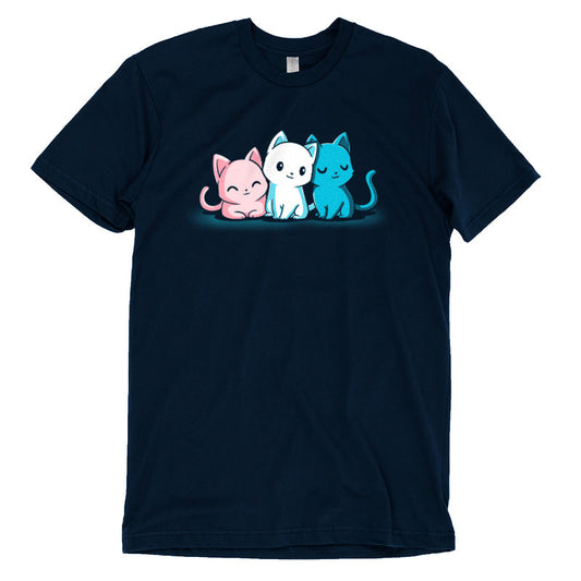 Premium Cotton T-shirt_Three cartoon cats sit side by side on a dark background. The pink, white, and blue Inclusive Kitties display different expressions. Featured on a monsterdigital apparel, this design is printed on super soft ringspun cotton for ultimate comfort.