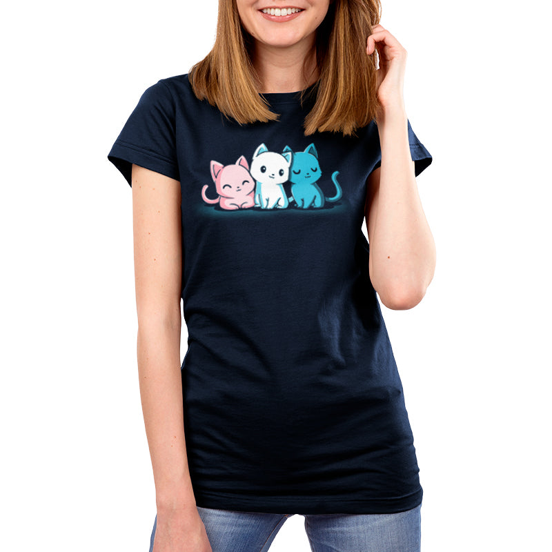 Premium Cotton T-shirt_Three cartoon cats sit side by side on a dark background. The pink, white, and blue Inclusive Kitties display different expressions. Featured on a monsterdigital apparel, this design is printed on super soft ringspun cotton for ultimate comfort.