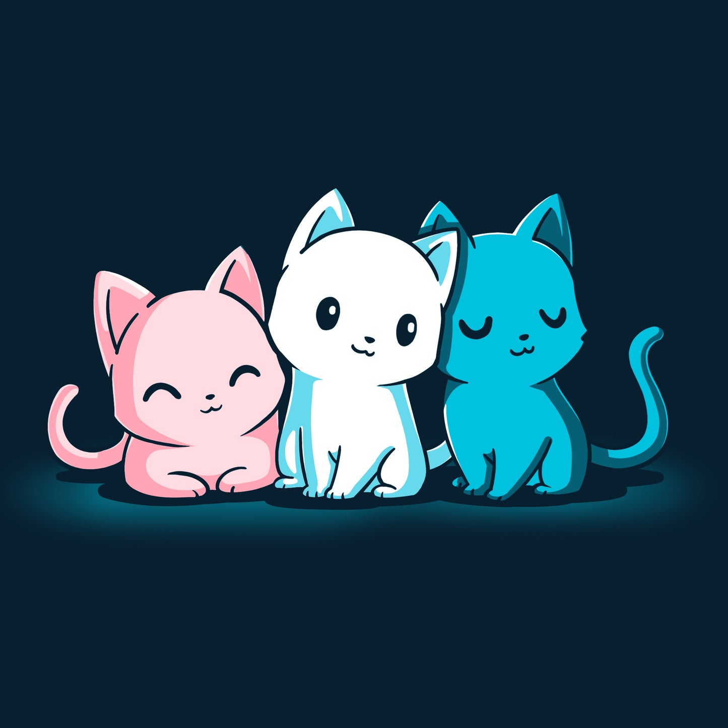 Premium Cotton T-shirt_Three cartoon cats sit side by side on a dark background. The pink, white, and blue Inclusive Kitties display different expressions. Featured on a monsterdigital apparel, this design is printed on super soft ringspun cotton for ultimate comfort.