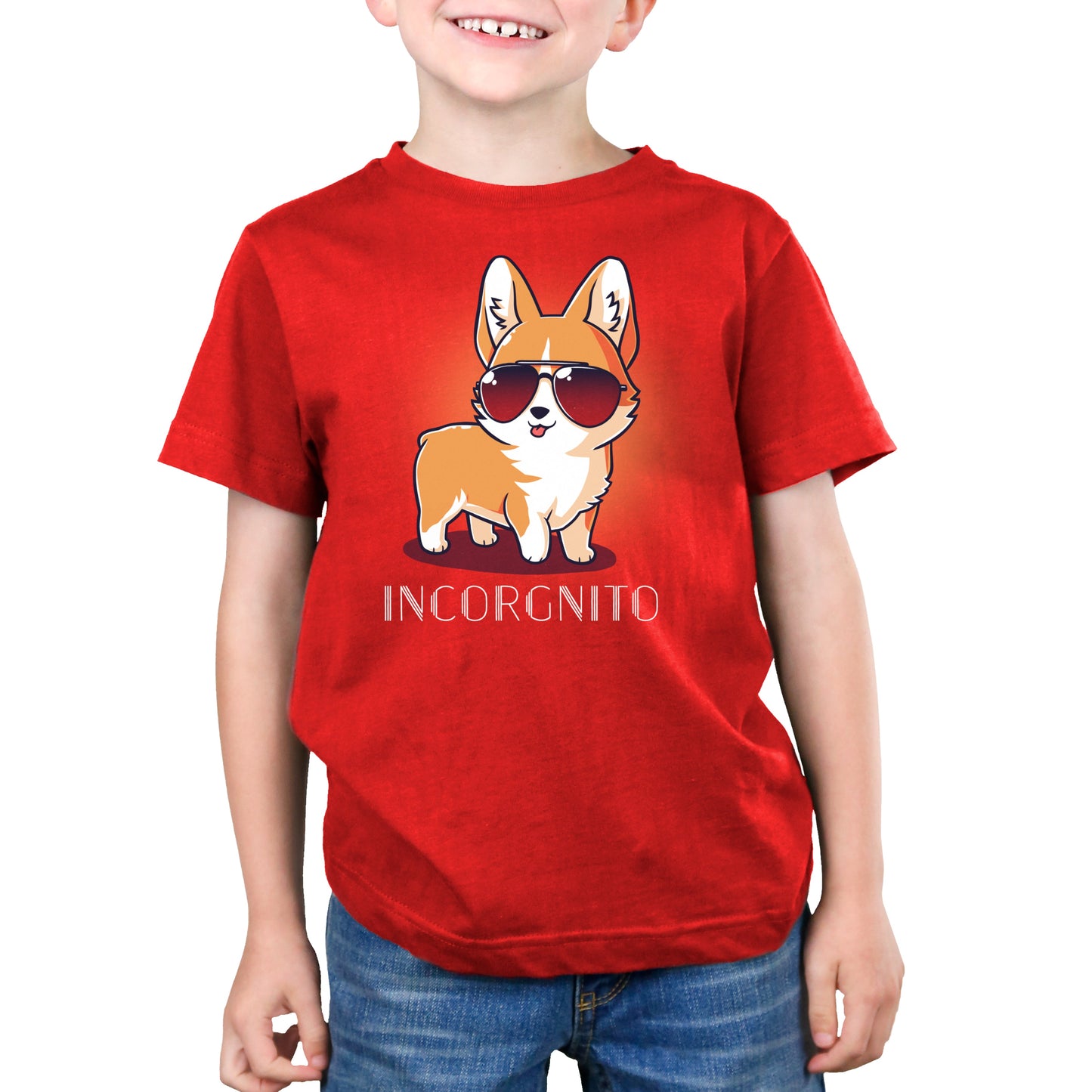 Premium Cotton T-shirt_TeeTurtle Incorgnito red t-shirt featuring a cute corgi dog wearing aviator sunglasses with a pun underneath.