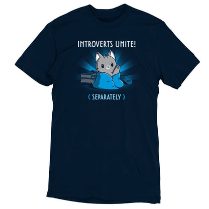 Premium Cotton T-shirt_TeeTurtle Introverts Unite! (Separately) navy blue t-shirt featuring an introverted cat snuggled up with books and video games.