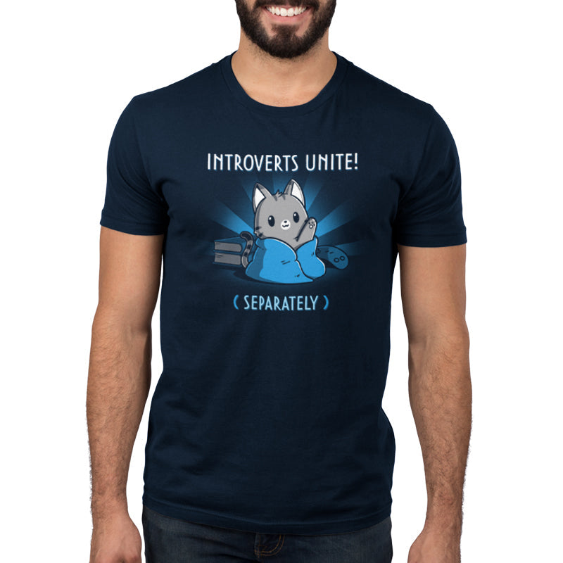 Premium Cotton T-shirt_TeeTurtle Introverts Unite! (Separately) navy blue t-shirt featuring an introverted cat snuggled up with books and video games.