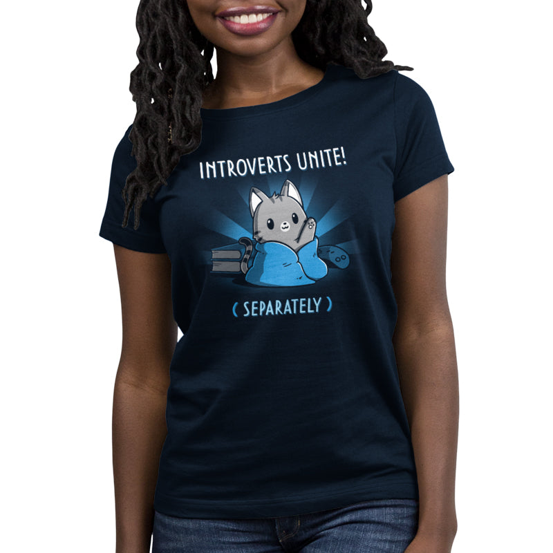 Premium Cotton T-shirt_TeeTurtle Introverts Unite! (Separately) navy blue t-shirt featuring an introverted cat snuggled up with books and video games.