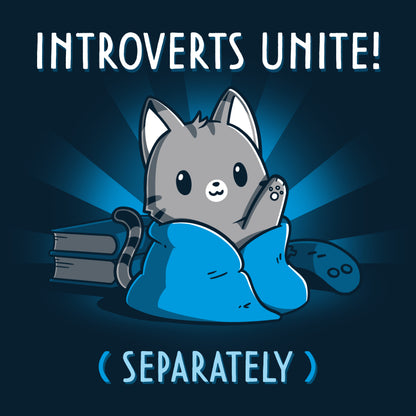 Premium Cotton T-shirt_TeeTurtle Introverts Unite! (Separately) navy blue t-shirt featuring an introverted cat snuggled up with books and video games.