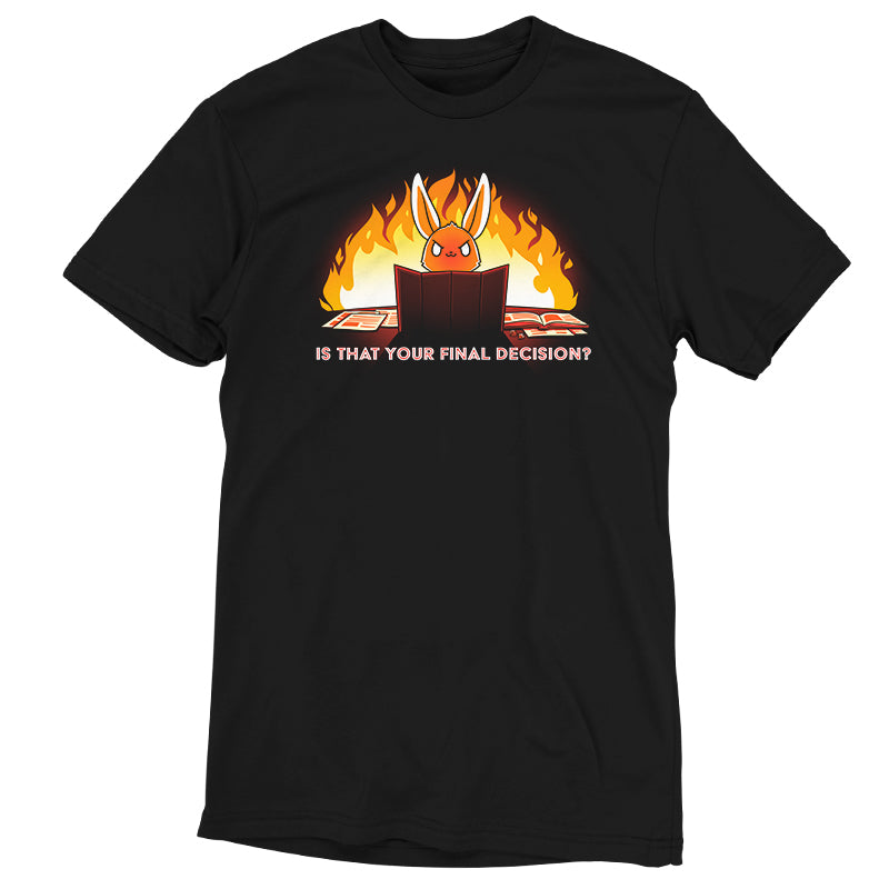 Premium Cotton T-shirt_TeeTurtle Is That Your Final Decision? black t-shirt featuring an extreme bunny tabletop gaming with fire behind them.