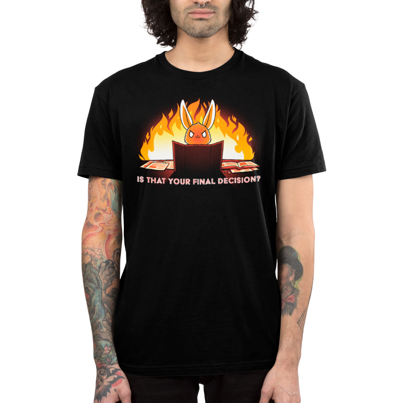 Premium Cotton T-shirt_TeeTurtle Is That Your Final Decision? black t-shirt featuring an extreme bunny tabletop gaming with fire behind them.