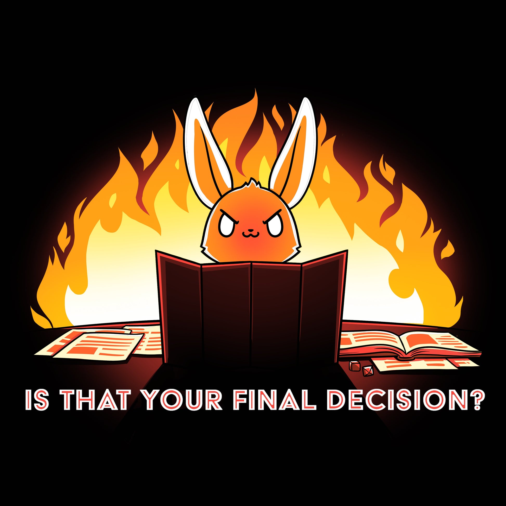 Premium Cotton T-shirt_TeeTurtle Is That Your Final Decision? black t-shirt featuring an extreme bunny tabletop gaming with fire behind them.