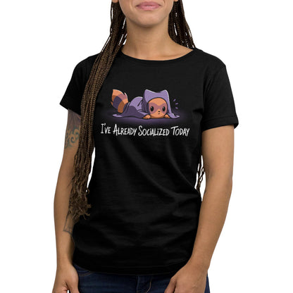 Premium Cotton T-shirt_TeeTurtle I've Already Socialized Today black t-shirt featuring a raccoon with a blanket laying on its stomach. The text reads, "I've already socialized today."