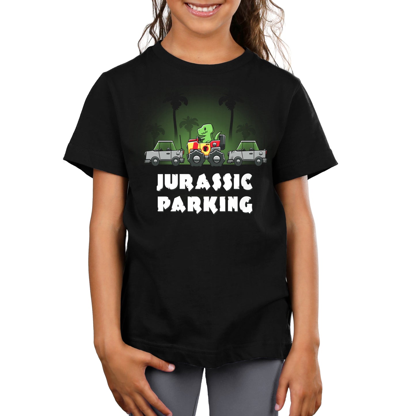 Premium Cotton T-shirt_TeeTurtle Jurassic Parking black t-shirt featuring a pun of a t-rex dinosaur parallel parking in a movie themed jeep.