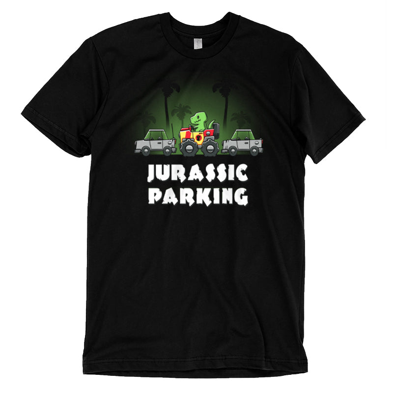 Premium Cotton T-shirt_TeeTurtle Jurassic Parking black t-shirt featuring a pun of a t-rex dinosaur parallel parking in a movie themed jeep.