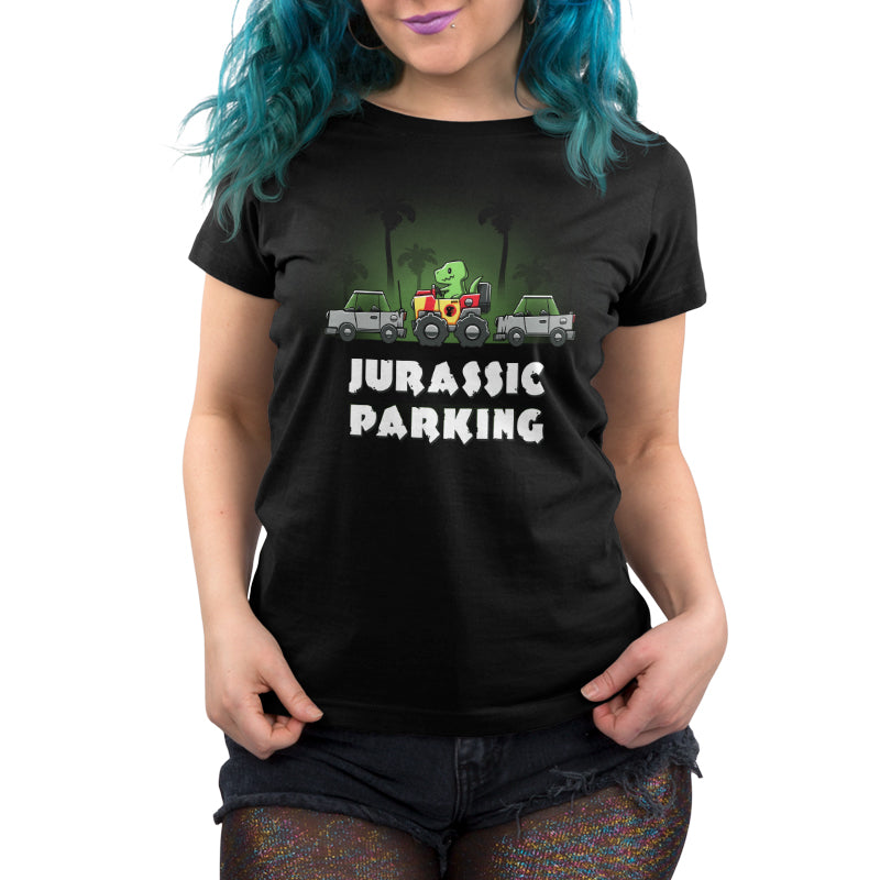 Premium Cotton T-shirt_TeeTurtle Jurassic Parking black t-shirt featuring a pun of a t-rex dinosaur parallel parking in a movie themed jeep.