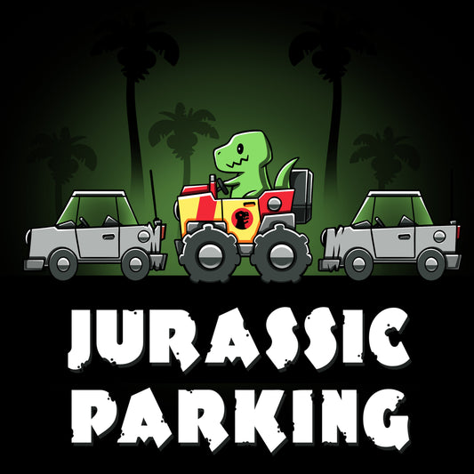 Premium Cotton T-shirt_TeeTurtle Jurassic Parking black t-shirt featuring a pun of a t-rex dinosaur parallel parking in a movie themed jeep.