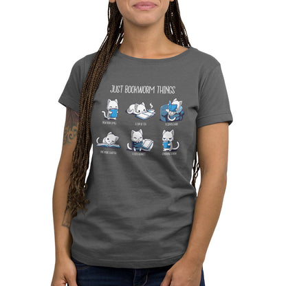 Premium Cotton T-shirt_TeeTurtle Just Bookworm Things charcoal grey t-shirt featuring cat characters enjoying different aspects of reading.