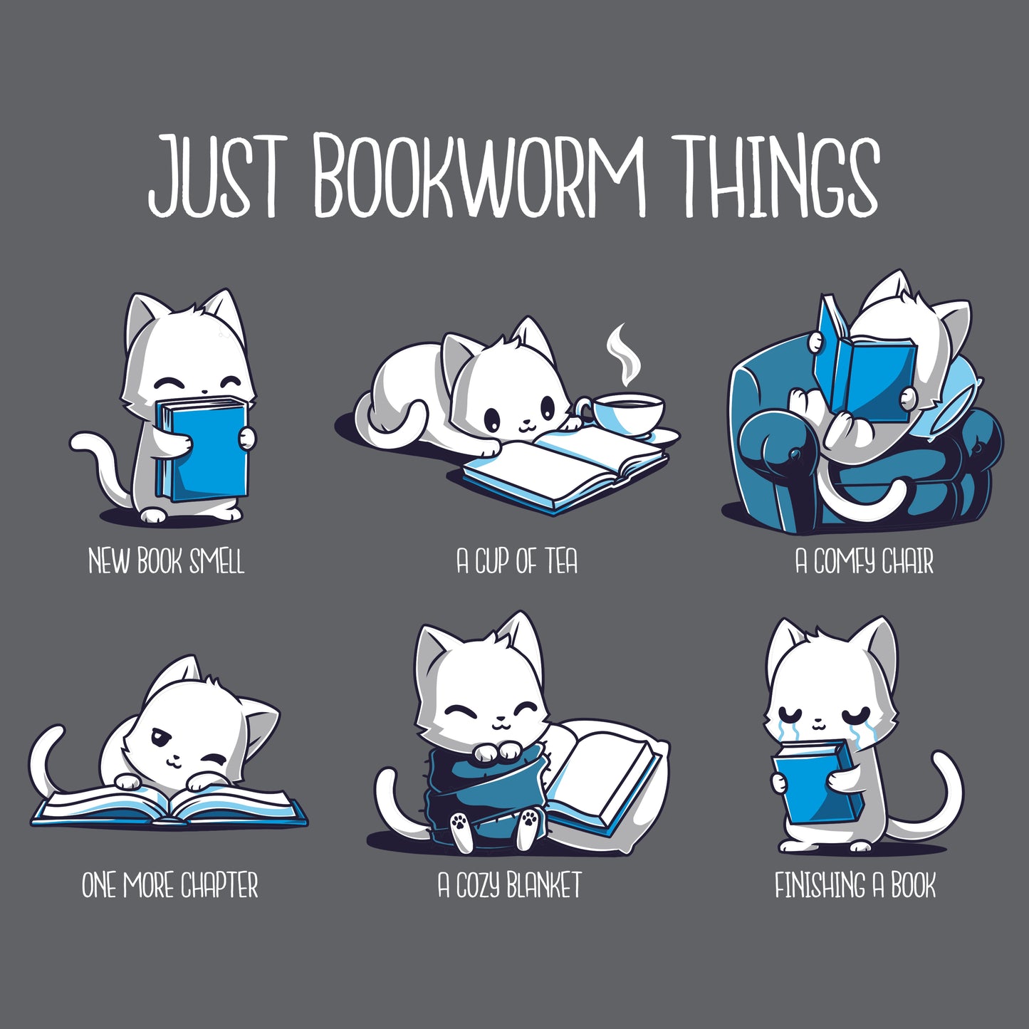 Premium Cotton T-shirt_TeeTurtle Just Bookworm Things charcoal grey t-shirt featuring cat characters enjoying different aspects of reading.