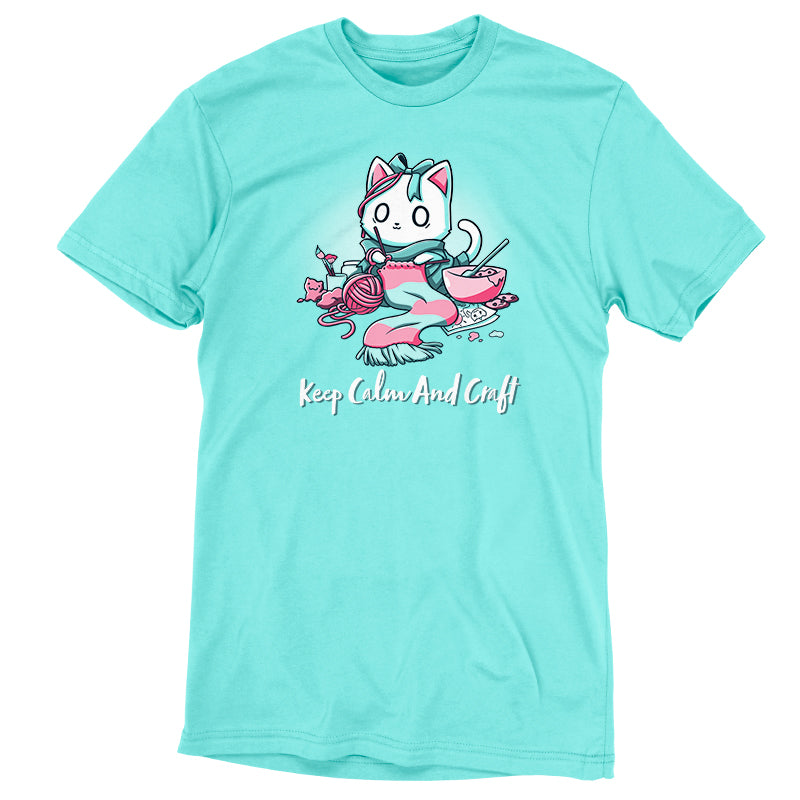 Premium Cotton T-shirt_Teeturtle Keep Calm and Craft Caribbean Blue Featuring an anxious-looking cat surrounded by various crafting items with the words 'Keep Calm and Craft' below.