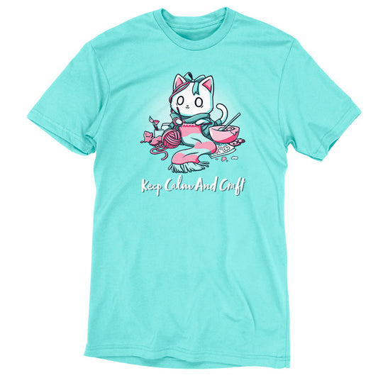 Premium Cotton T-shirt_Teeturtle Keep Calm and Craft Caribbean Blue Featuring an anxious-looking cat surrounded by various crafting items with the words 'Keep Calm and Craft' below.