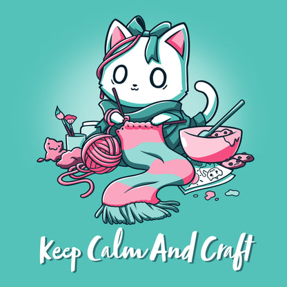 Premium Cotton T-shirt_Teeturtle Keep Calm and Craft Caribbean Blue Featuring an anxious-looking cat surrounded by various crafting items with the words 'Keep Calm and Craft' below.