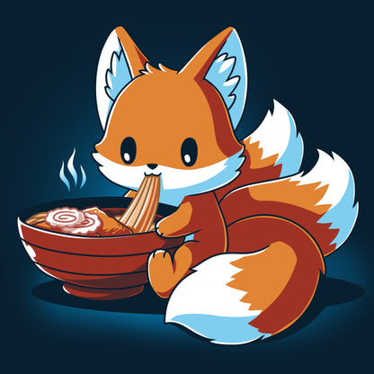 Premium Cotton T-shirt_A cartoon fox, known as the Ramen Kitsune, is sitting and eating noodles from a bowl, holding the noodles with its paws. Steam rises from the bowl. This charming scene is printed on a super soft ringspun cotton navy blue monsterdigital Ramen Kitsune apparel.