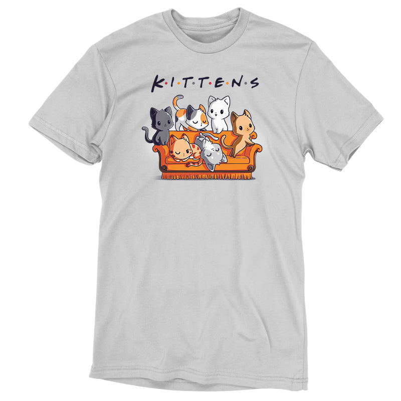 Premium Cotton T-shirt_TeeTurtle Kittens silver gray t-shirt featuring six kittens in various colors and patterns sitting and lying on an orange couch with the word "Kittens" spelled out above them.