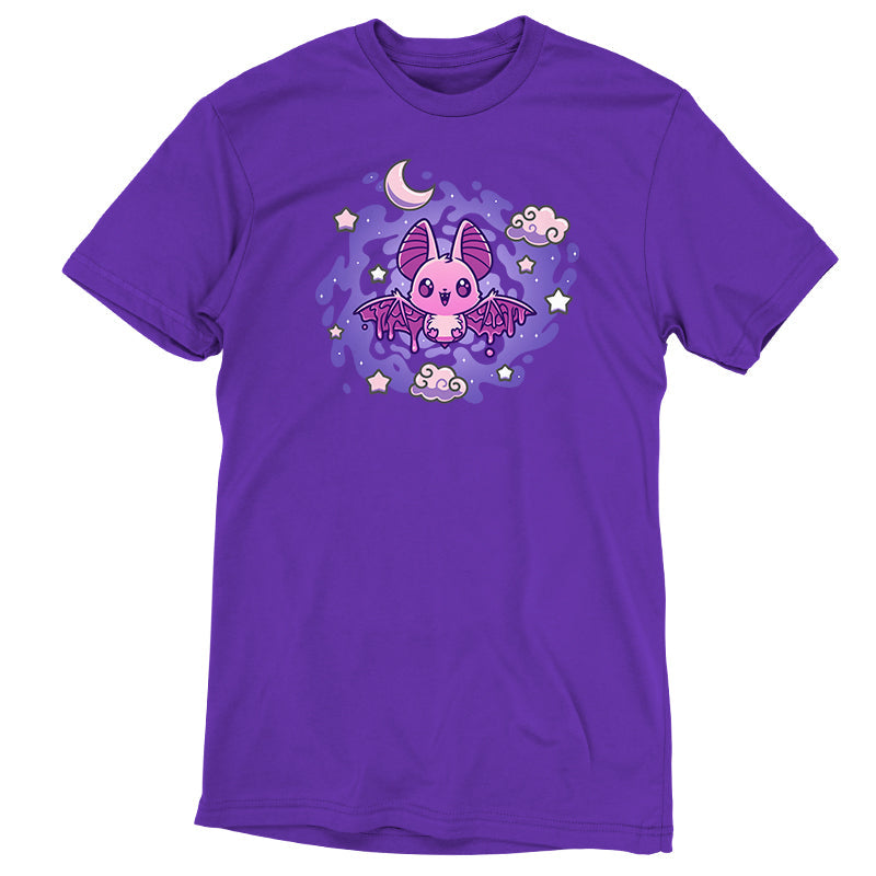 Premium Cotton T-shirt - The product is a purple women's apparel featuring a pink bat-like character with wings, surrounded by clouds, stars, and a crescent moon in a whimsical design. Introducing the Itty Bitty Bat by monsterdigital.