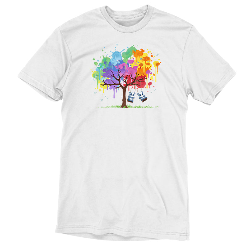 Premium Cotton T-shirt_TeeTurtle Rainbow Panda Pals white t-shirt featuring two pandas swinging on a tree with multicolored paint splatters as leaves.