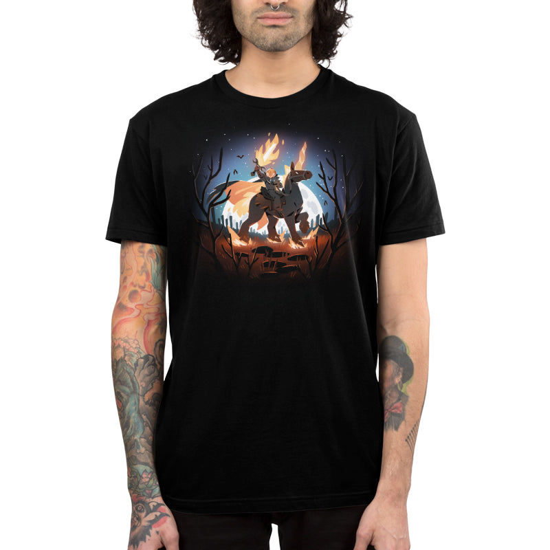 Premium Cotton T-shirt_TeeTurtle black Return of the Halloween Knight featuring a knight with a pumpkin head and flaming sword riding a horse in a spooky forest.