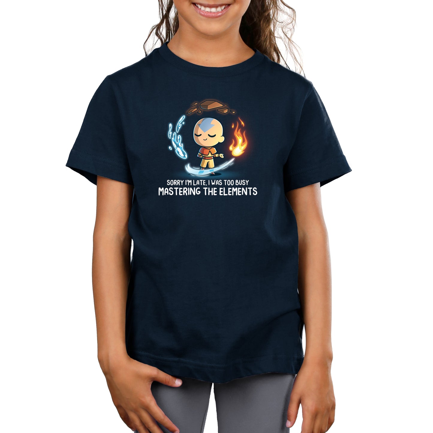 Premium Cotton T-shirt_TeeTurtle navy blue Busy Mastering The Elements apparel featuring Aang from Avatar: The Last Airbender surrounded by levitating water, earth, fire, and air.