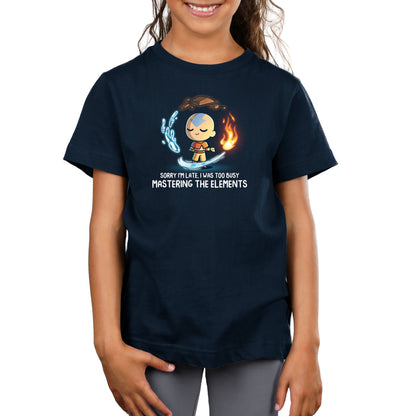 Premium Cotton T-shirt_TeeTurtle navy blue Busy Mastering The Elements apparel featuring Aang from Avatar: The Last Airbender surrounded by levitating water, earth, fire, and air.