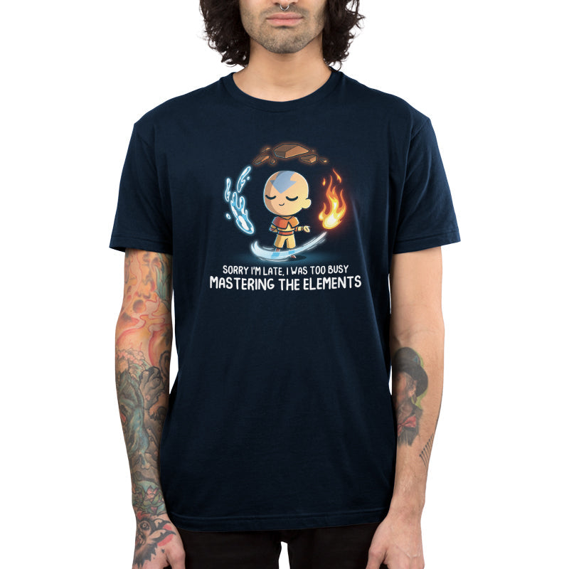 Premium Cotton T-shirt_TeeTurtle navy blue Busy Mastering The Elements apparel featuring Aang from Avatar: The Last Airbender surrounded by levitating water, earth, fire, and air.