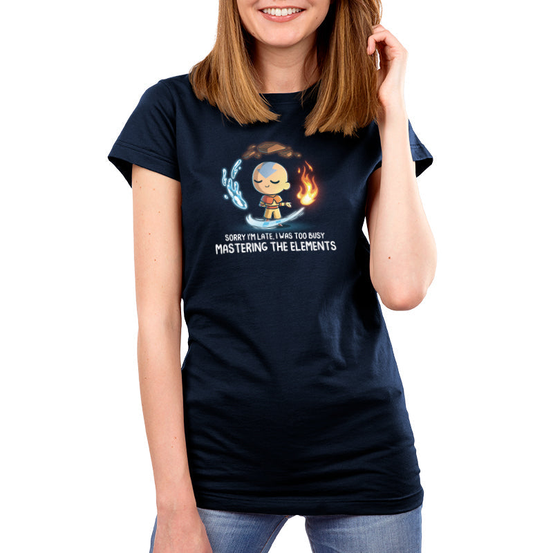 Premium Cotton T-shirt_TeeTurtle navy blue Busy Mastering The Elements apparel featuring Aang from Avatar: The Last Airbender surrounded by levitating water, earth, fire, and air.