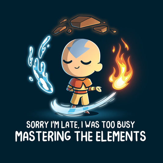 Premium Cotton T-shirt_TeeTurtle navy blue Busy Mastering The Elements apparel featuring Aang from Avatar: The Last Airbender surrounded by levitating water, earth, fire, and air.