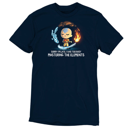 Premium Cotton T-shirt_TeeTurtle navy blue Busy Mastering The Elements apparel featuring Aang from Avatar: The Last Airbender surrounded by levitating water, earth, fire, and air.