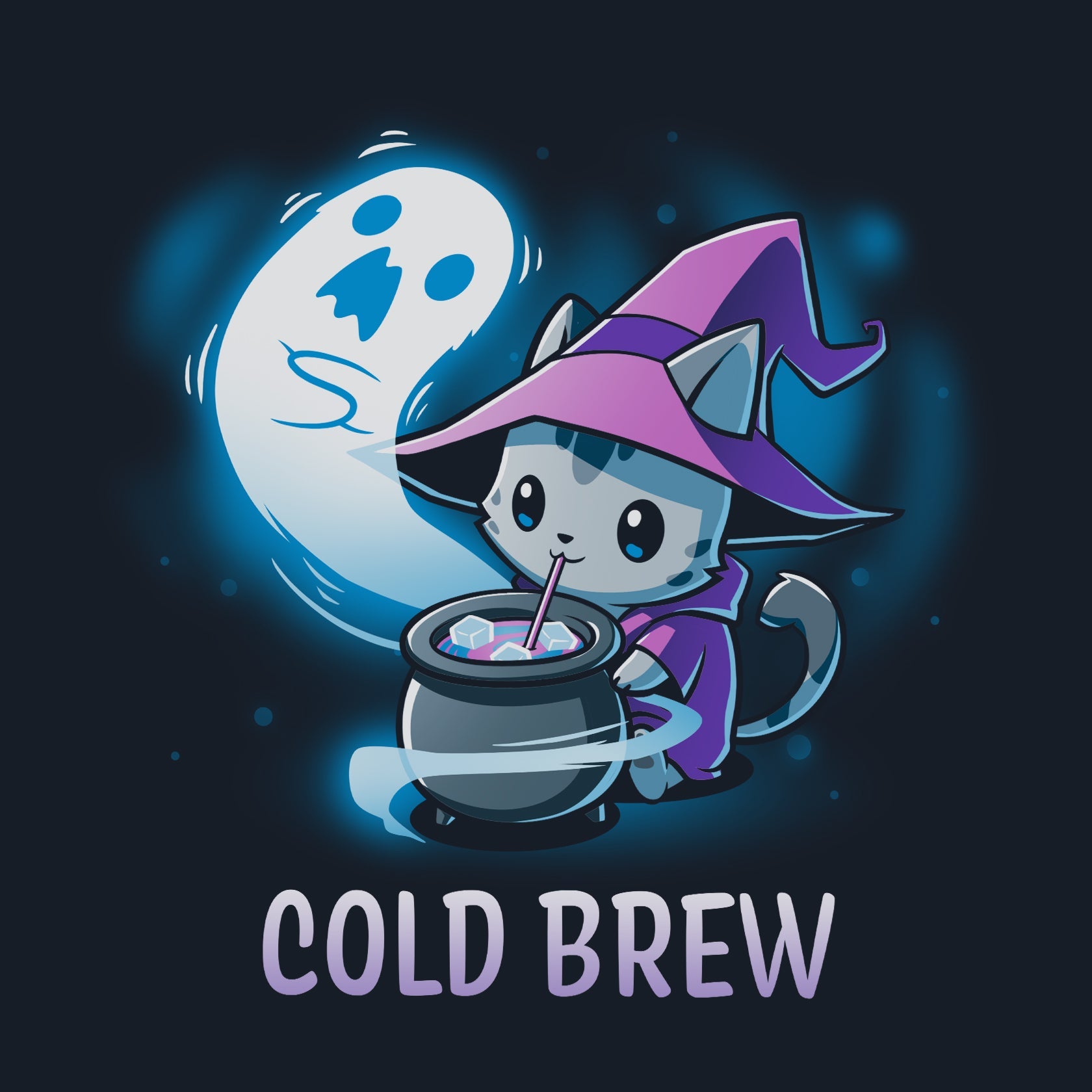 Premium Cotton T-shirt_TeeTurtle Cold Brew navy blue t-shirt featuring a cartoon gray cat wearing a purple witch's hat and purple cape contently drinking from a black witch's cauldron with a white ghost swirling around the cauldron and beside the cat. "COLD BREW" is written underneath.