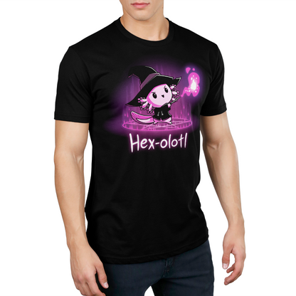 Premium Cotton T-shirt_TeeTurtle Hex-olotl black t-shirt featuring an illustration of a cartoon axolotl witch wearing a black witch's hat and black robe holding a wand and casting a spell with vibrant pink/purple magical energy emanating from the wand while standing on a pentagram with "Hex-olotl" written underneath. The colors within the design are a gradient of deep purple and magenta hues.