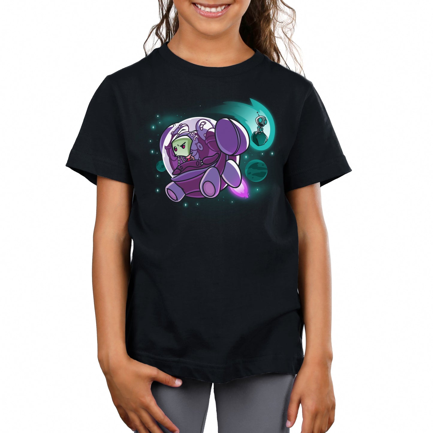 Premium Cotton T-shirt_TeeTurtle black Zim and Gir in Space apparel featuring Zim in a spaceship, and Gir sitting on an asteroid with planets in the background.