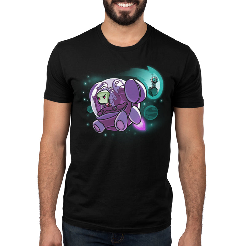 Premium Cotton T-shirt_TeeTurtle black Zim and Gir in Space apparel featuring Zim in a spaceship, and Gir sitting on an asteroid with planets in the background.