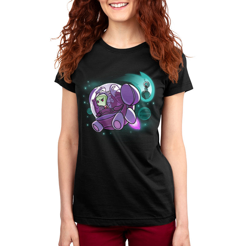 Premium Cotton T-shirt_TeeTurtle black Zim and Gir in Space apparel featuring Zim in a spaceship, and Gir sitting on an asteroid with planets in the background.