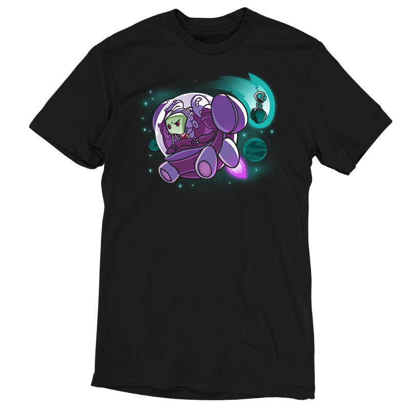 Premium Cotton T-shirt_TeeTurtle black Zim and Gir in Space apparel featuring Zim in a spaceship, and Gir sitting on an asteroid with planets in the background.