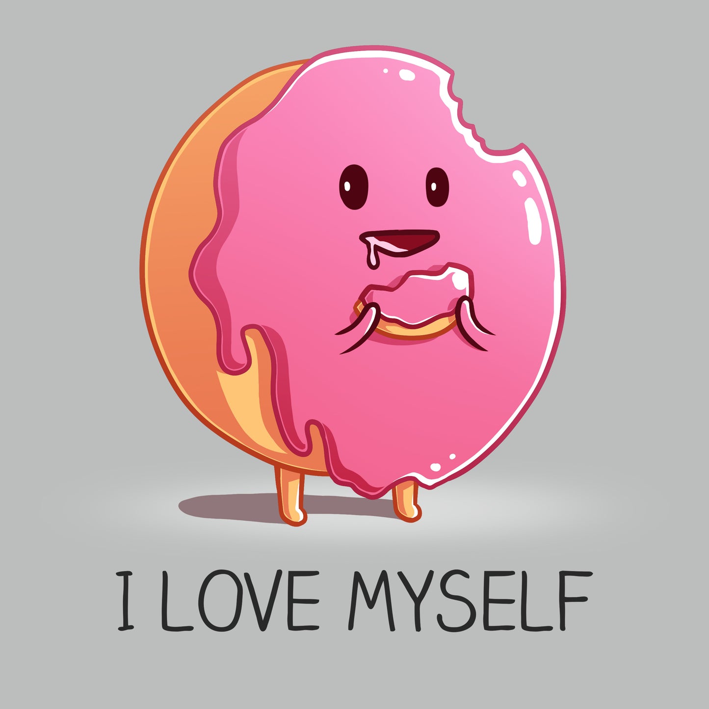 Premium Cotton T-shirt_Teeturtle I Love Myself Garnet Featuring a cute cartoon frosted pink donut holding a piece of itself its been eating with 'I Love Myself' written underneath.