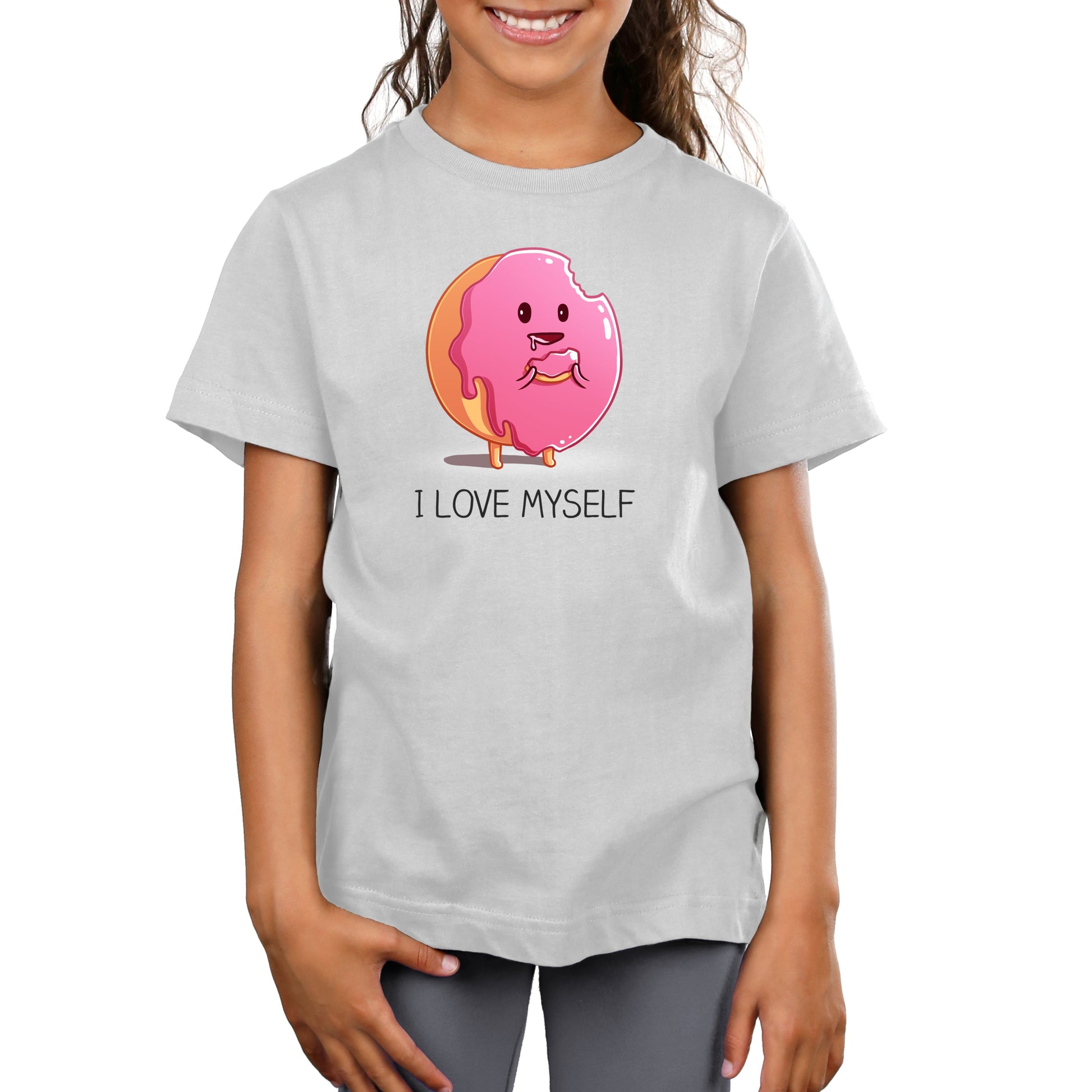 Premium Cotton T-shirt_Teeturtle I Love Myself Garnet Featuring a cute cartoon frosted pink donut holding a piece of itself its been eating with 'I Love Myself' written underneath.