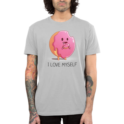 Premium Cotton T-shirt_Teeturtle I Love Myself Garnet Featuring a cute cartoon frosted pink donut holding a piece of itself its been eating with 'I Love Myself' written underneath.