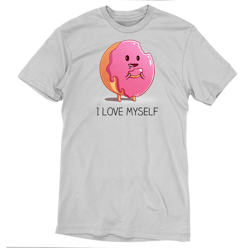 Premium Cotton T-shirt_Teeturtle I Love Myself Garnet Featuring a cute cartoon frosted pink donut holding a piece of itself its been eating with 'I Love Myself' written underneath.