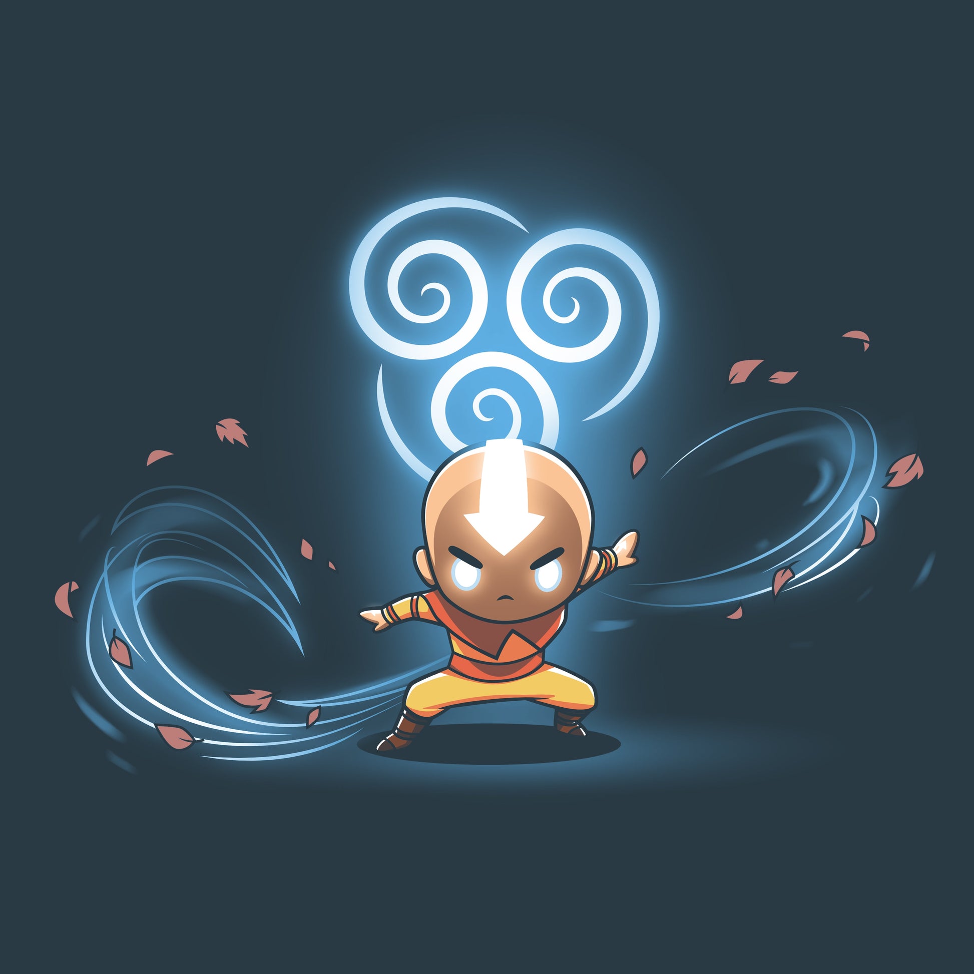 Premium Cotton T-shirt_TeeTurtle denim blue Air Nomads apparel featuring Aang in Avatar state with the air symbol and swirling winds in the background.