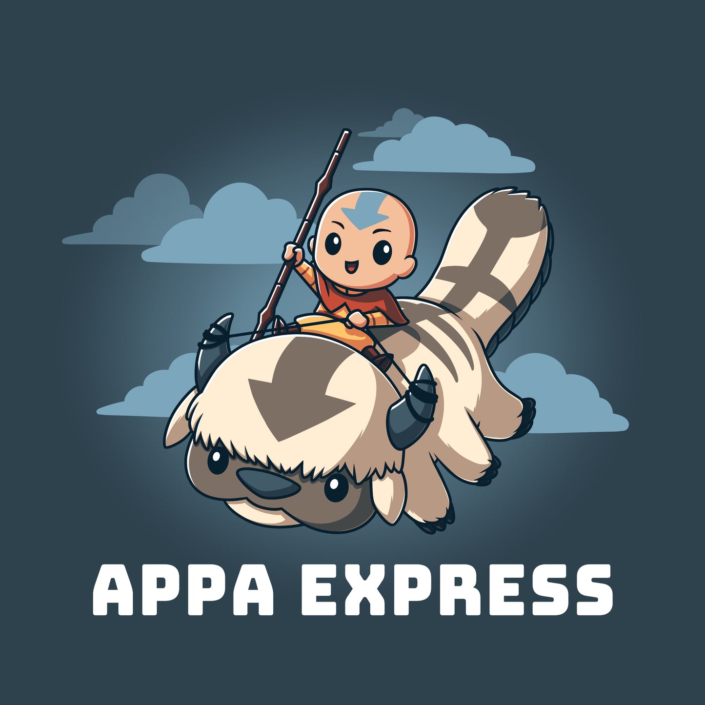 Premium Cotton T-shirt - Official Appa Express monsterdigital apparel: Cartoon character riding a flying bison with "Appa Express" text below them, all set against a background of clouds, printed on super soft ringspun cotton in denim blue.